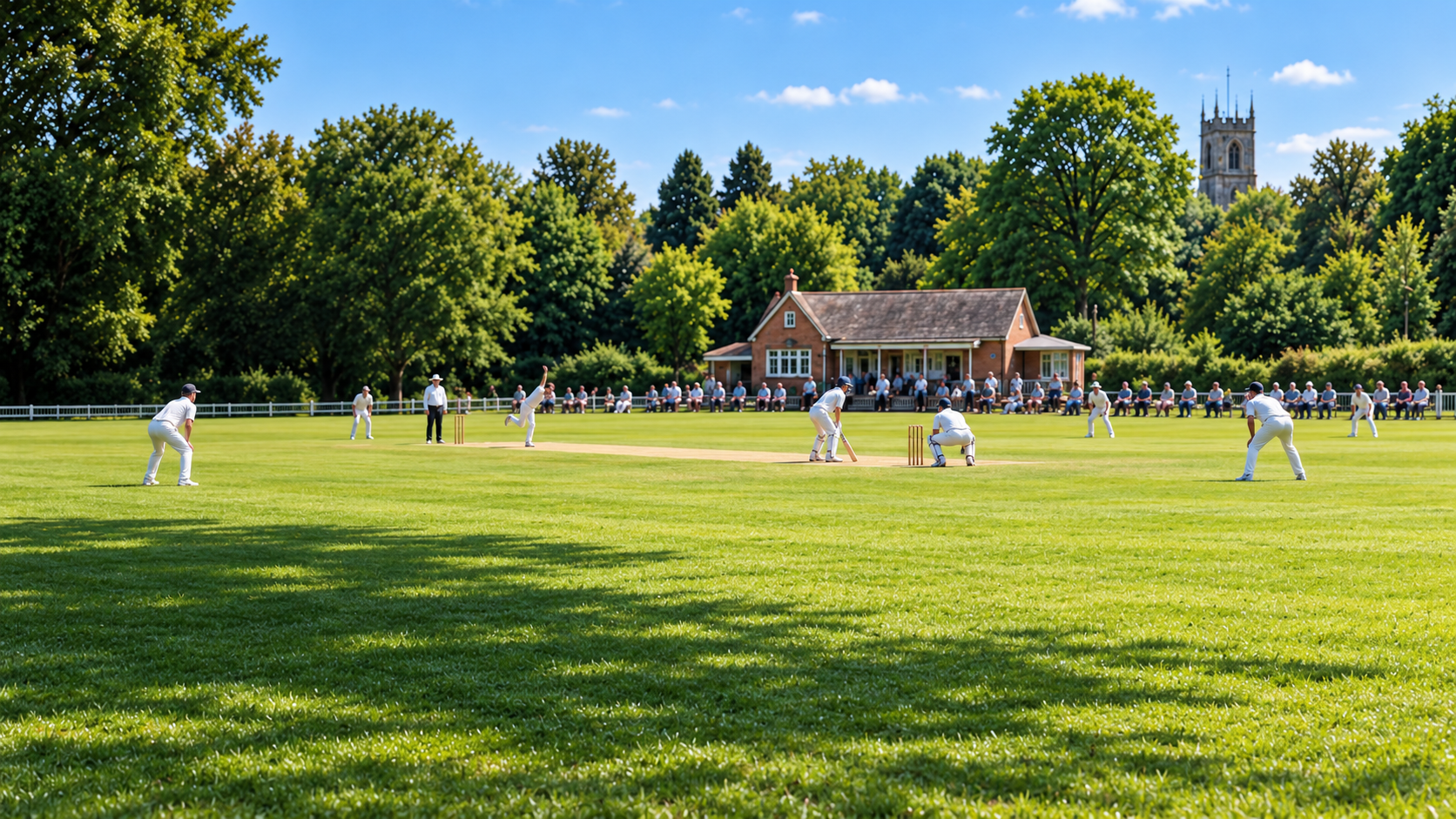 A village cricket match with players in whites and a pavilion beyond the pitch